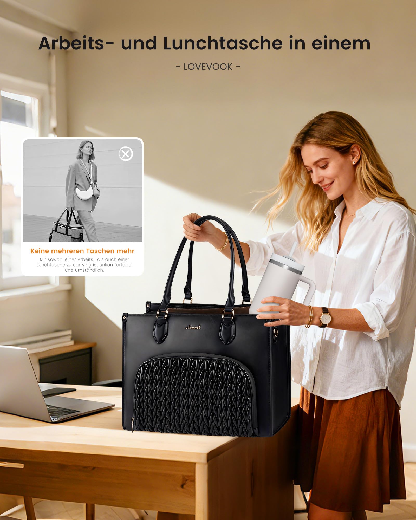 LOVEVOOK Arbeitstasche Damen mit Isoliertem Kühlfach, 15,6 Zoll Laptoptasche Leder, mittelgroß