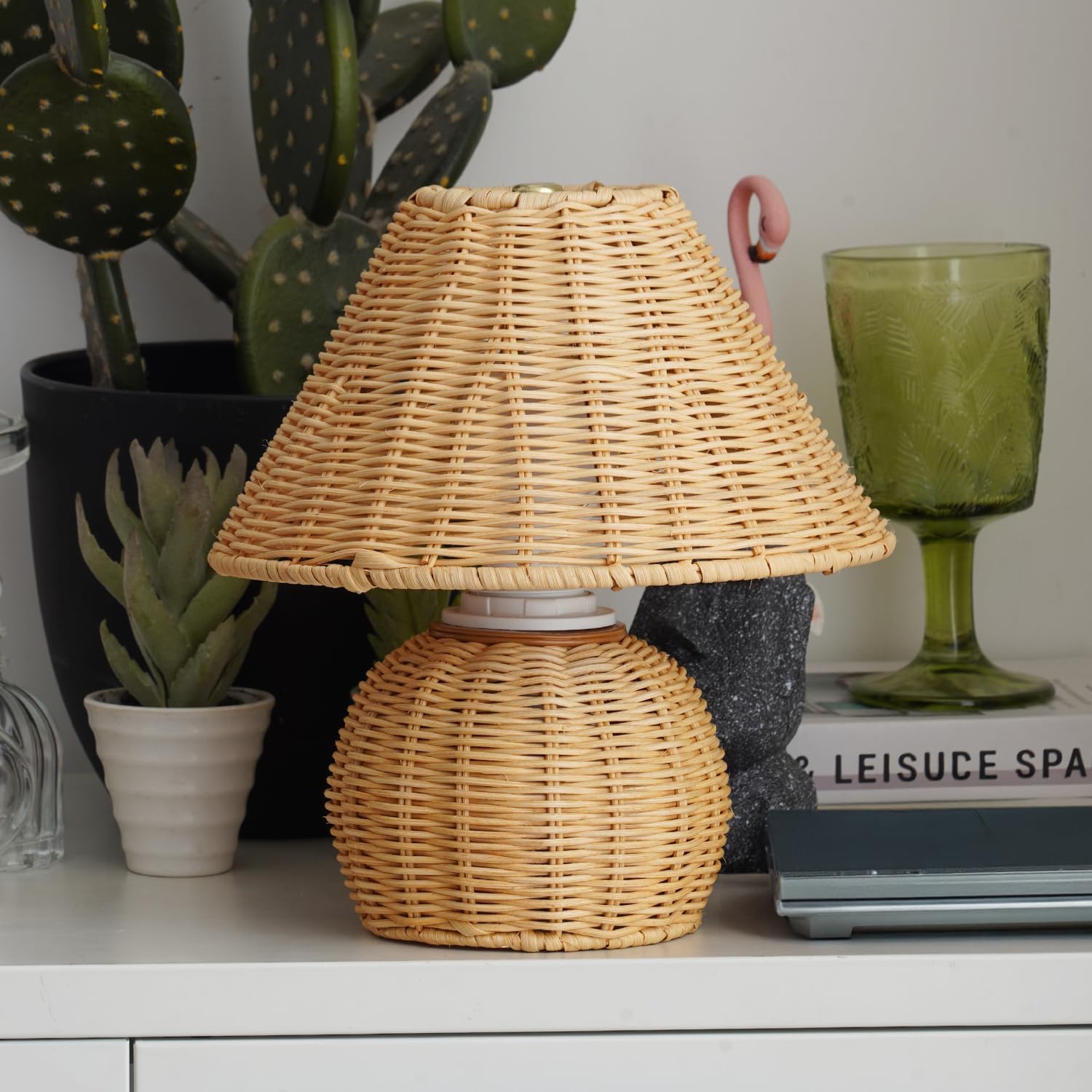 Bamboo Table Lamp Handmade Boho Rattan Bedside Lamp,3 Colors Adjustable Vintage Wicker Wooden Nightstand Lamp with E26 Bulb for Bedroom Living Room Desk Entrance