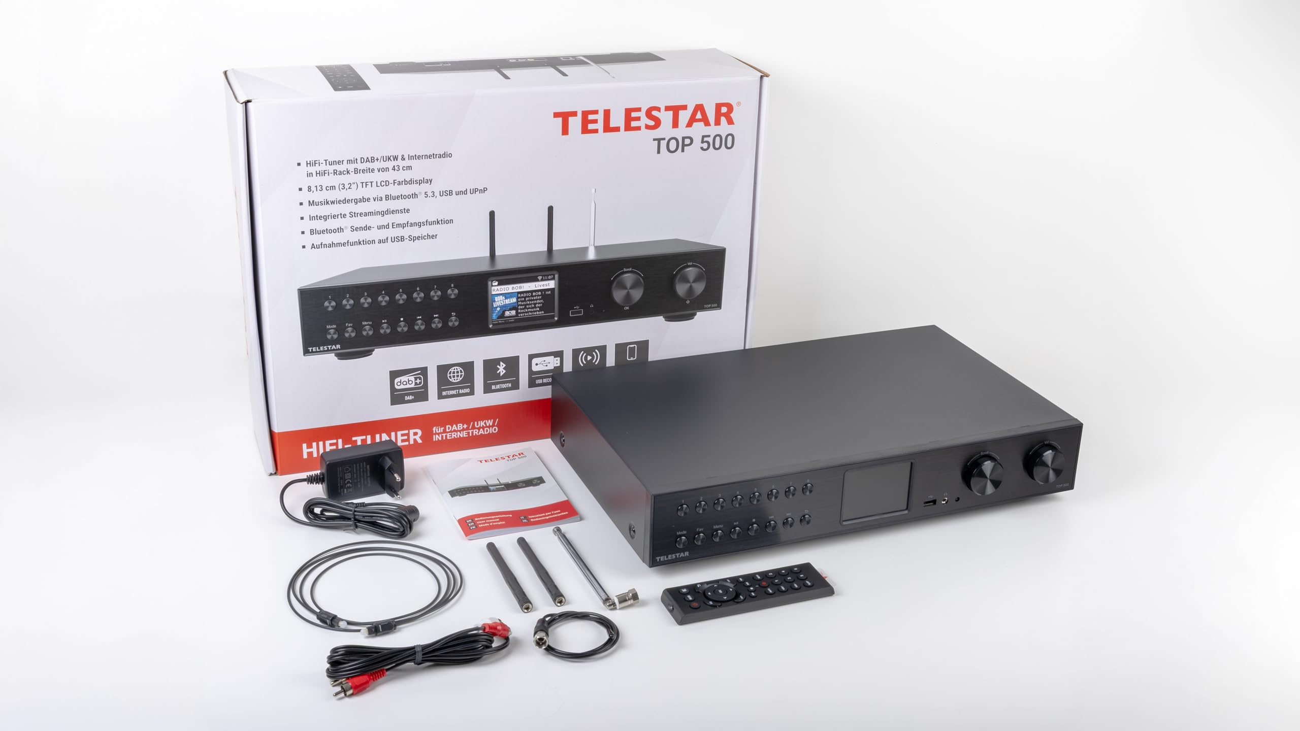 TELESTAR Top 500 – Sintonizador HiFi de 43 cm de Ancho – Negro | WiFi 2,4 & 5 GHz, radio por Internet/DAB+, streaming, Bluetooth audio RX/TX, modo hotel, grabación USB