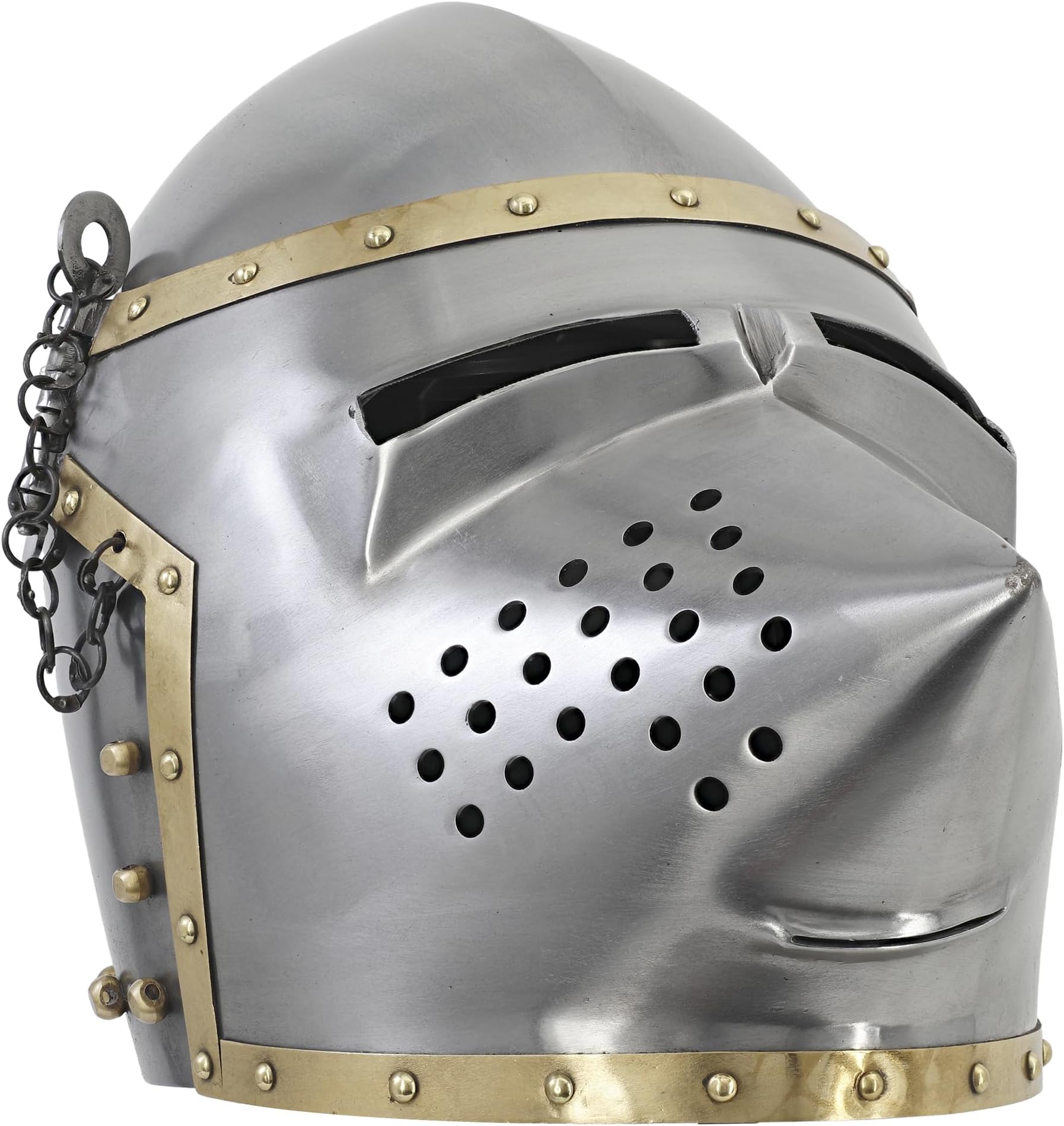 ™ 16G Sugar Loaf Full Face Medieval Helmet – Reinforced Steel, Leather Liner & Brass Buckle