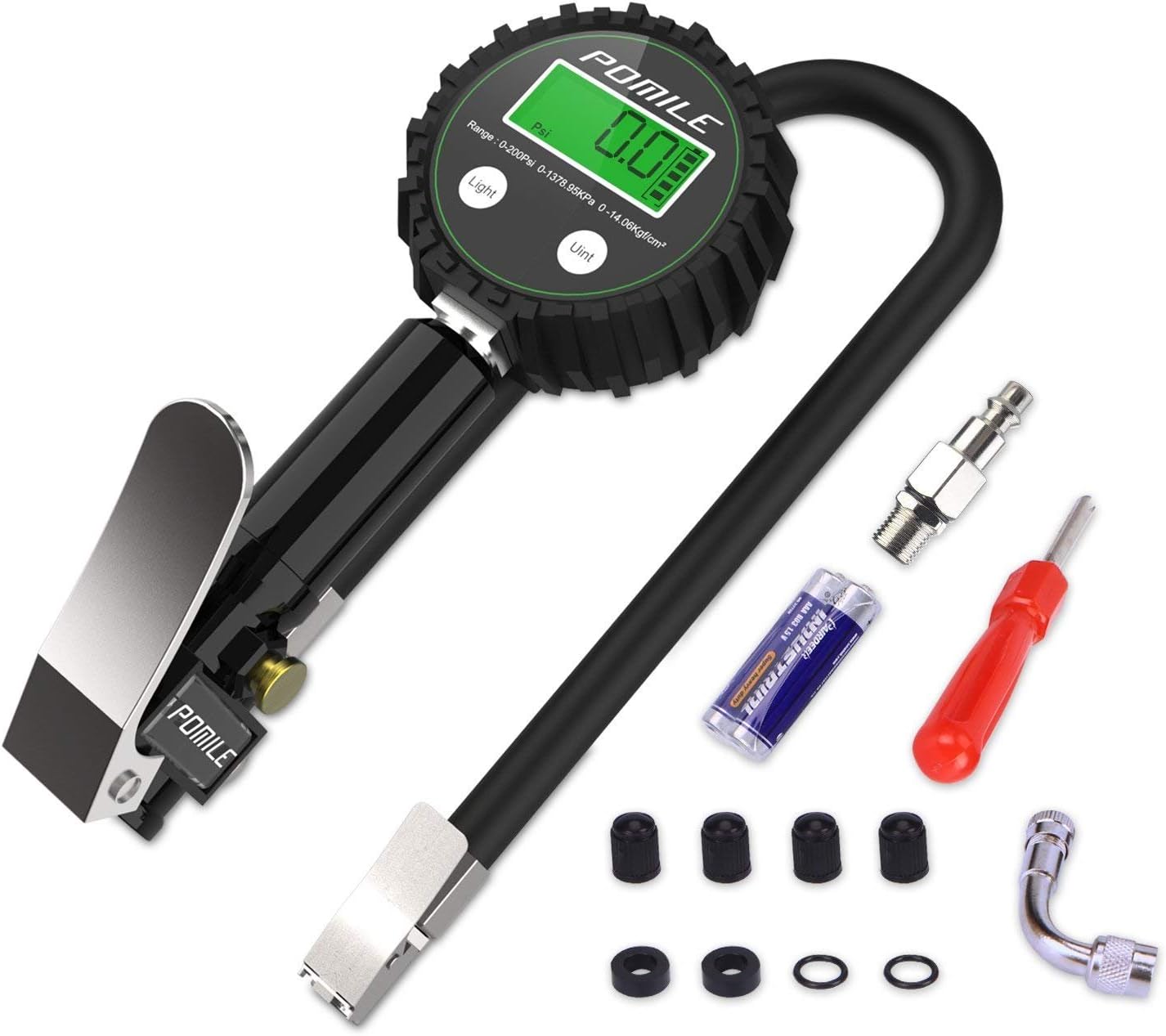 Pressure Gauge Digital with LCD Screen 200 PSI Air Chuck Compressor Accessories Heavy Duty with Rubber Hose, 90 Degree Valve Extender, Quick Connect Coupler for Car, Truck, SUV, Bike, RV Tire Inflator