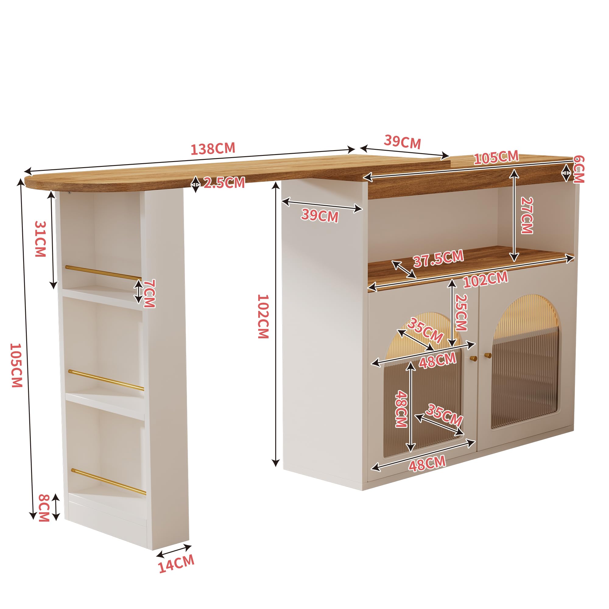 Table de bar moderne extensible avec espace de rangement - Table de bistrot pivotante - Pour salle à manger - Avec LED de 1 m de long - Blanc