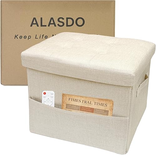 ALASDO Reposapiés otomano de almacenamiento, otomano pequeño con almacenamiento, otomano plegable, reposapiés, banco para sala de estar, 17 x 13 x