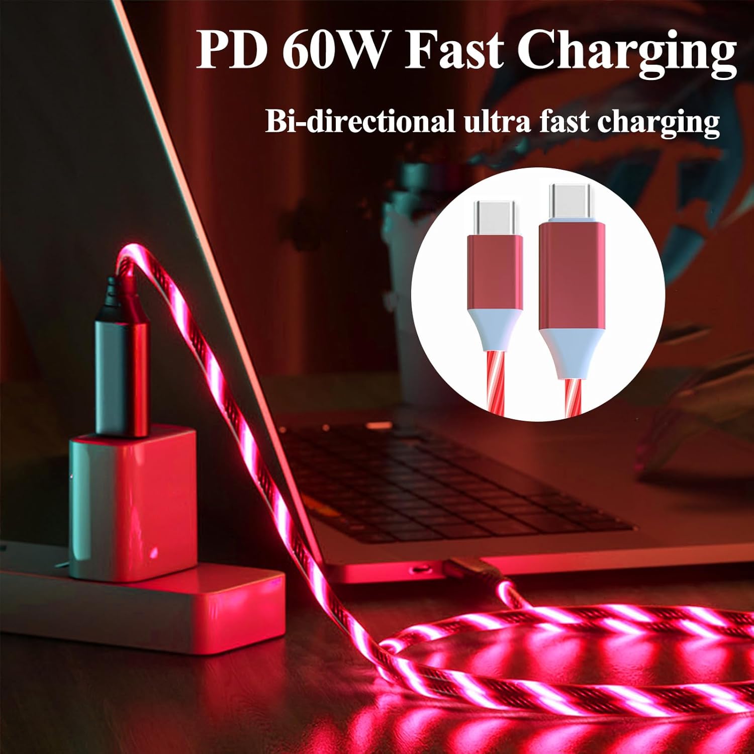 6.6FT 2 Pack Light up USB C to USB C Cable Fast Charging Cable LED Type C Charger Cord for iPhone 16 15 Series,iPad Pro,Pixel,Samsung Galaxy S23/S24 (Purple&Red)
