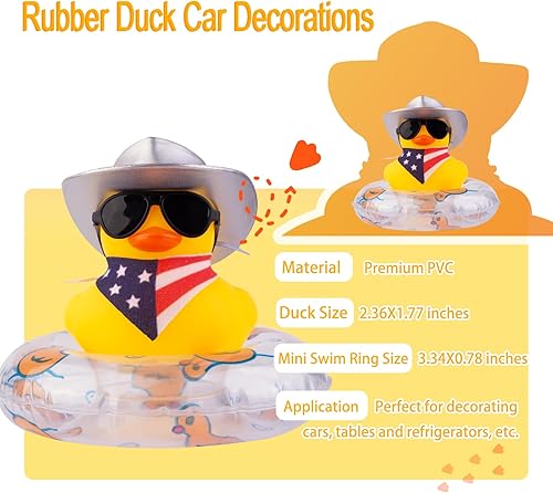 Miniatura 5 de Decoración de tablero de pato de goma para automóvil, adornos de pato amarillo con mini sombrero de vaquero, bufanda, anillo de natación, gafas de