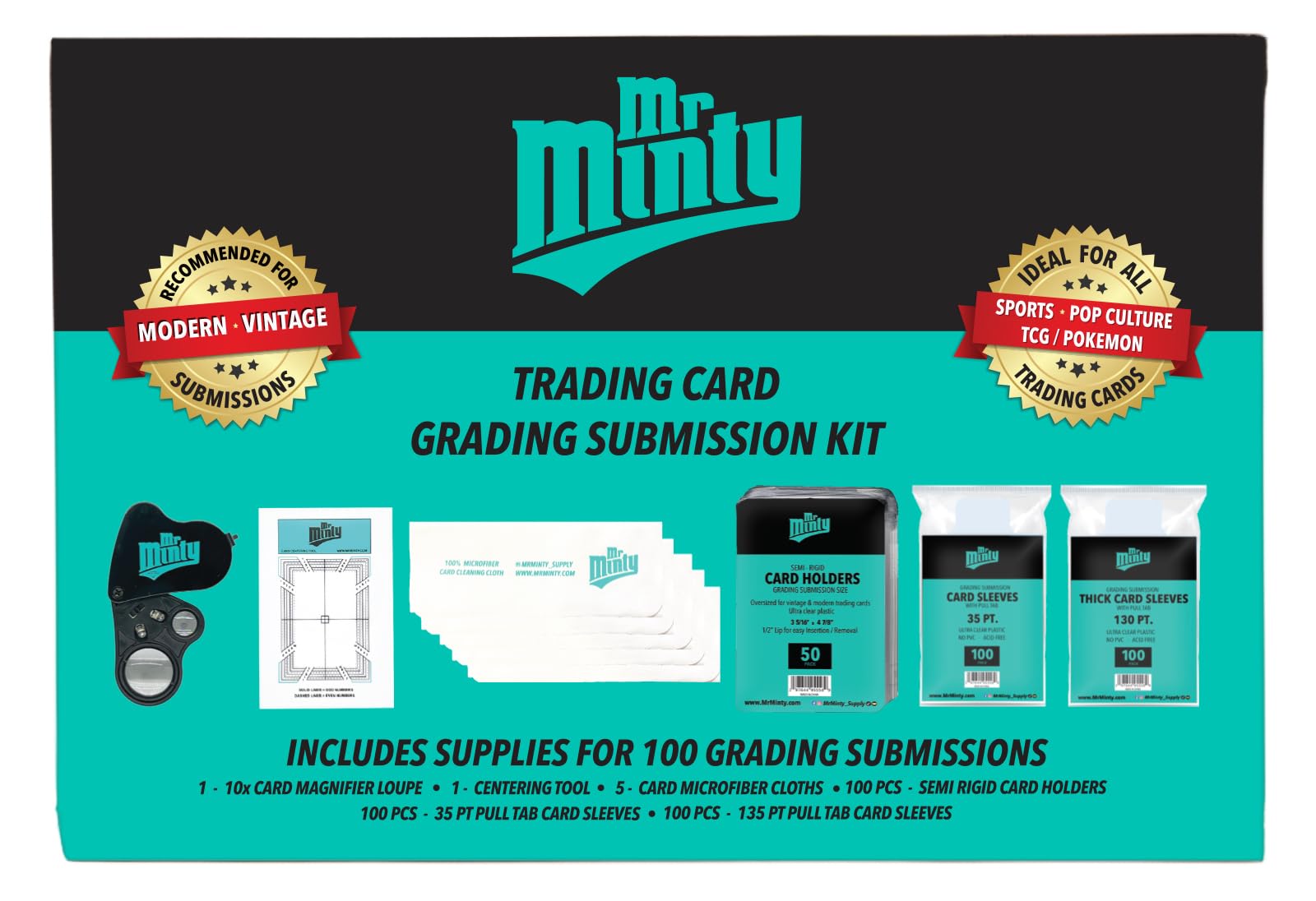 Card Grading Kit | Card Cleaning Kit | 20x Magnifier, Centering Tool, Microfiber Cloths, 300 Sleeves & Holders for Sports & TCG | Substance Free.