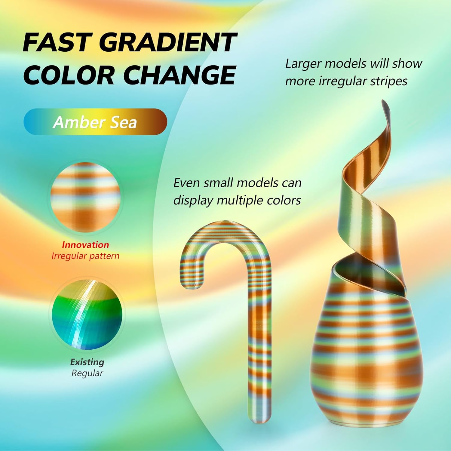 AMOLEN Silk PLA 3D Printer Filament, Shiny Multicolor Rainbow PLA Filament 1.75mm, Fast Color Change PLA 3D Printing Filament for Most FDM 3D Printer, Yellow Blue Orange, 1kg (2.2lbs) - Image 3