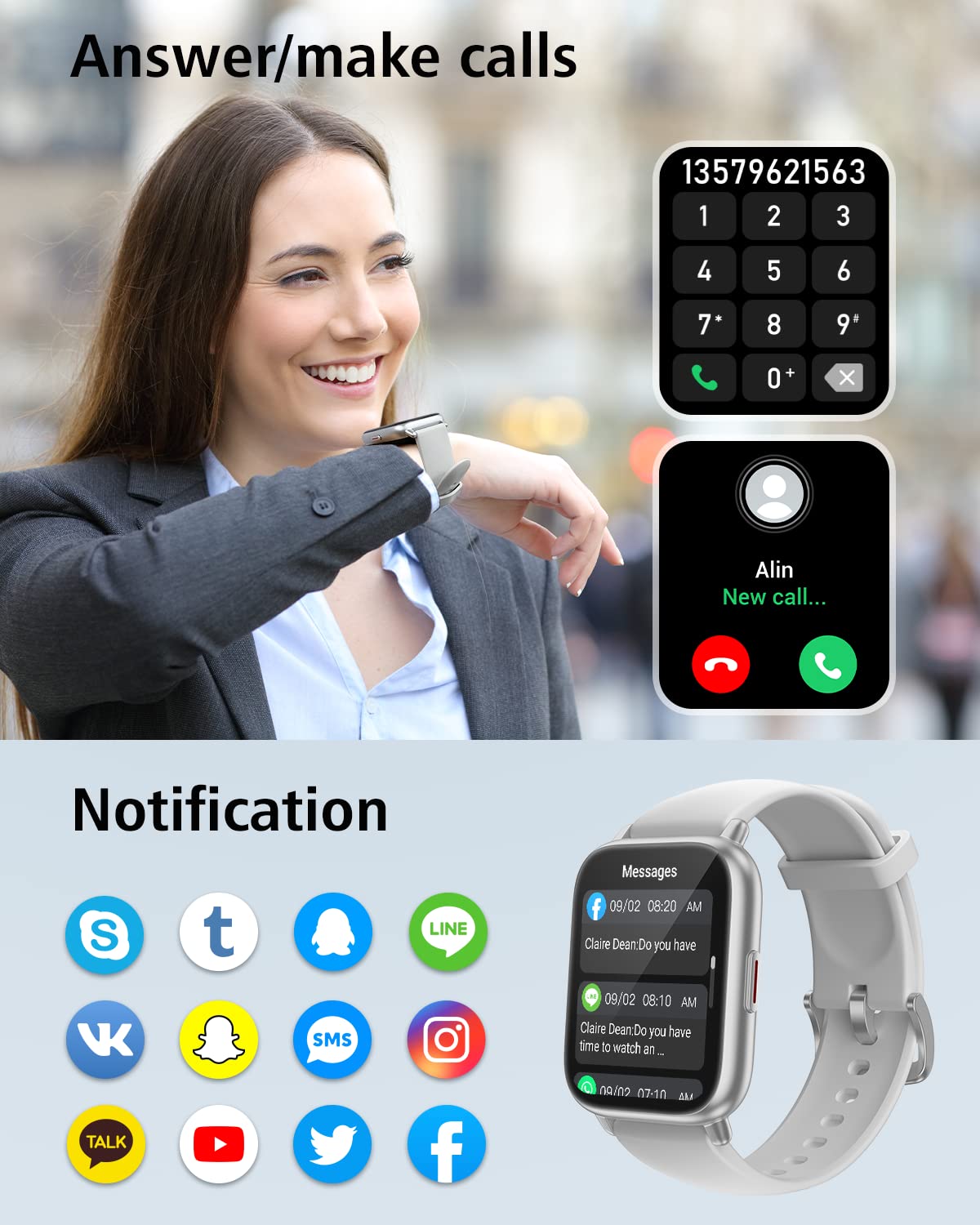 RUIMEN Smart Watch Answer Dial Call,Smart Watches for Women Men 1.85"HD Screen Fitness watch with SpO2 Heart Rate Sleep Monitor Step Counter Waterproof 100+ Sports Mode for Android iOS (2 Bands) - Image 2