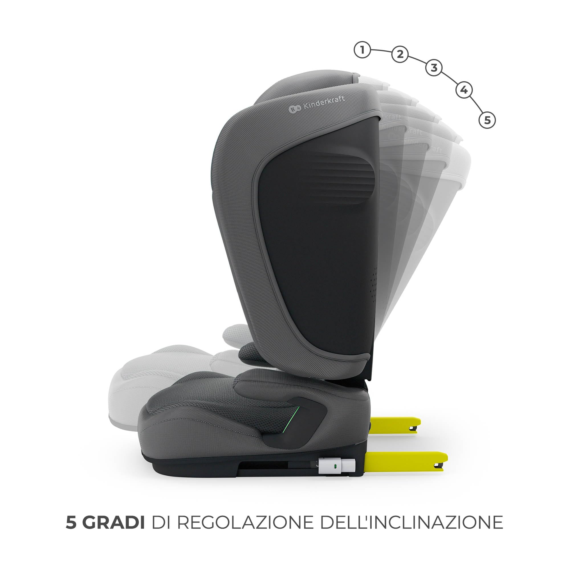 Kinderkraft UNITY 2 i-Size, Seggiolino auto pieghevole 100–150 cm, 3,5 a 12 anni, Poggiatesta regolabile, Con sistema AIR FLOW, Regolazione dello schienale in 5 posizioni, Grigio