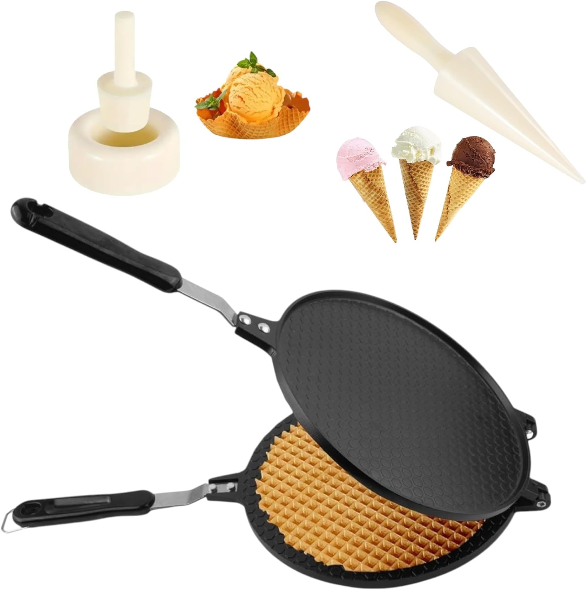 Commercial Non Stick Waffle Maker with Ice Cream Cone and Bowl Mould | Teflon Coated | Gas Stove Compatible | Perfect for Waffle Cones & Bowls, Crepes, and Snacks