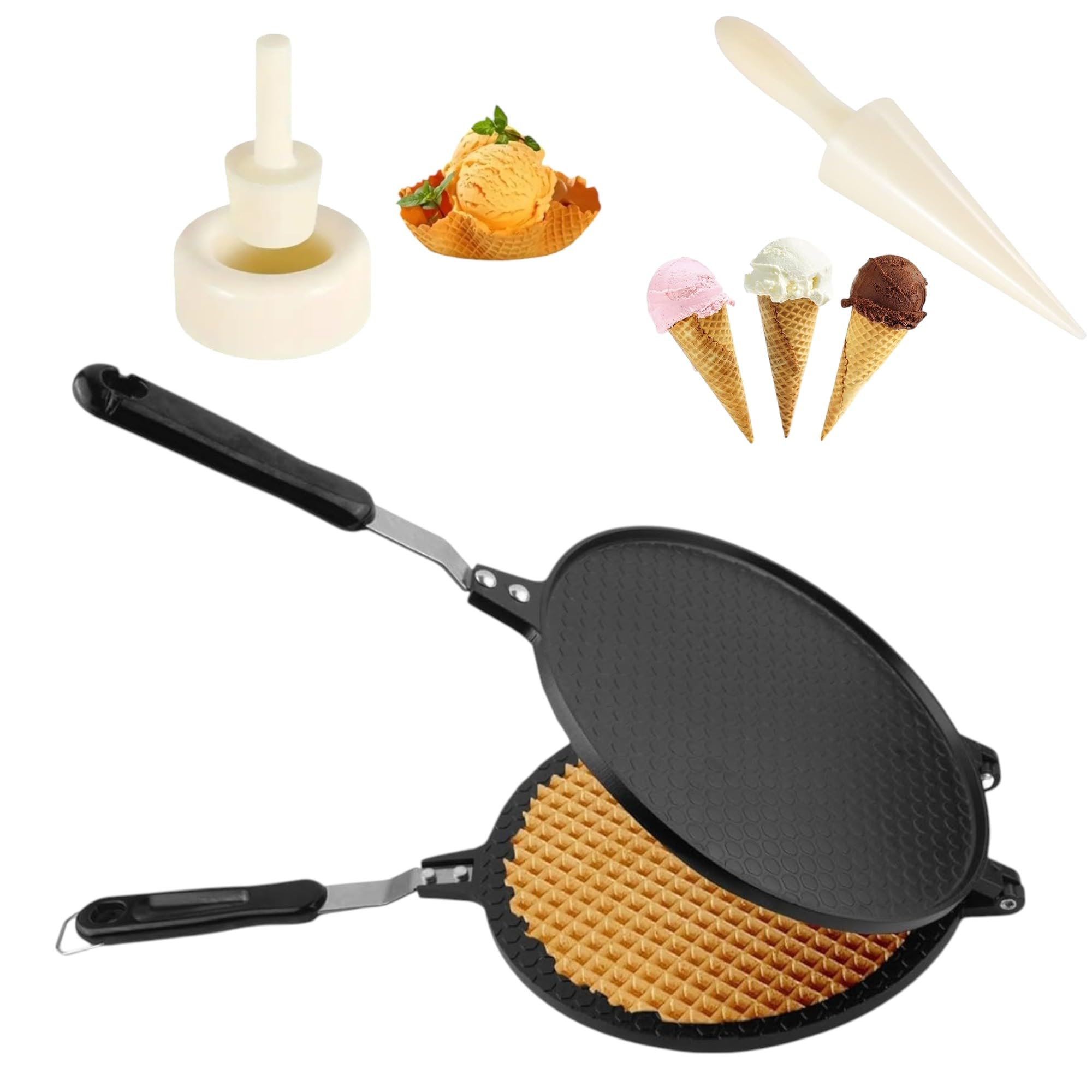 THW Commercial Non Stick Waffle Maker with Ice Cream Cone and Bowl Mould | Teflon Coated | Gas Stove Compatible | Perfect for Waffle Cones & Bowls, Crepes, and Snacks