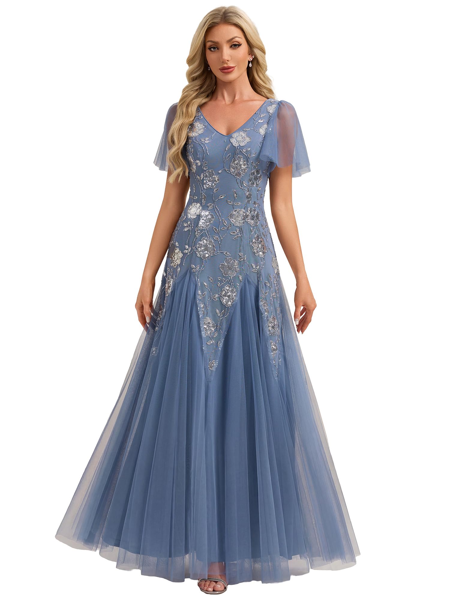 Ever-Pretty Abito Cerimonia Donna Collo a V Maniche Corte Paillente Maxi Gonna Svasata EE02665