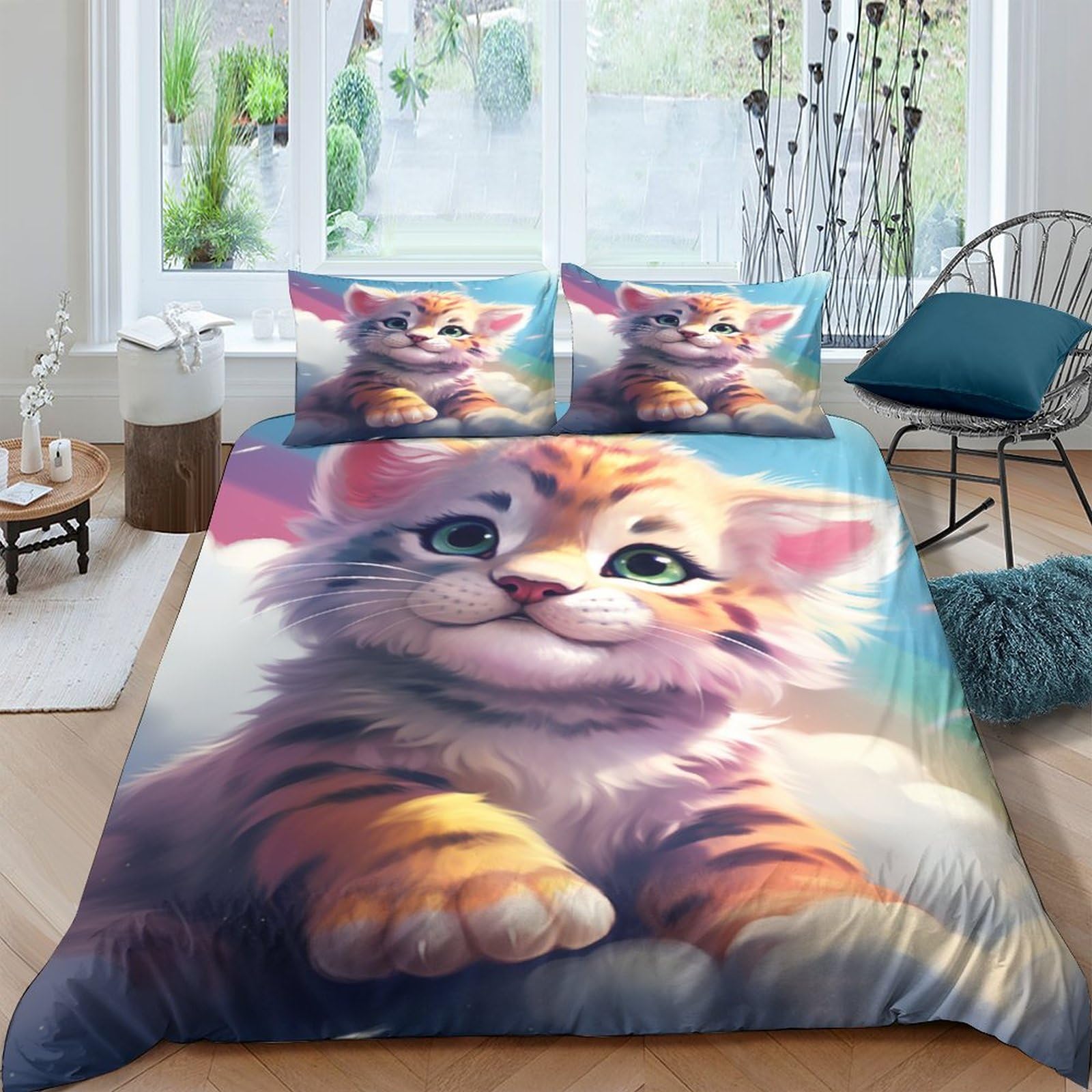 Cartoon Tiger Duvet Cover Bedding Set,wildlife 3D Duvet Cover with Pillowcases, for Soft Microfiber Quilt Cover with Zipper Closure 3 Piece Set King（220x240cm）