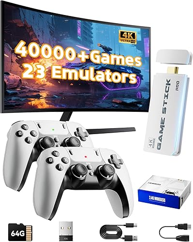 2026 Upgraded Retro Gaming Console Stick, Video Games Stick Built-in 23 Emulators Console Projector, 40000+ Game System with 4K HDMI, Plug and Play TV Video Game Stick with Controllers (White)