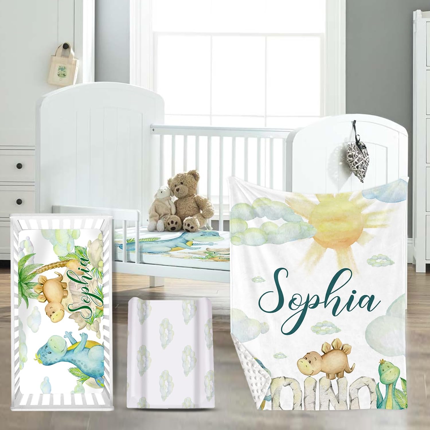 Custom Name Crib Bedding Set for Infant Baby, Personalized Nursery Decor Dinosaur Baby Blanket Fitted Crib Sheet Changing Pad Cover 3 Pcs, A Great Gift