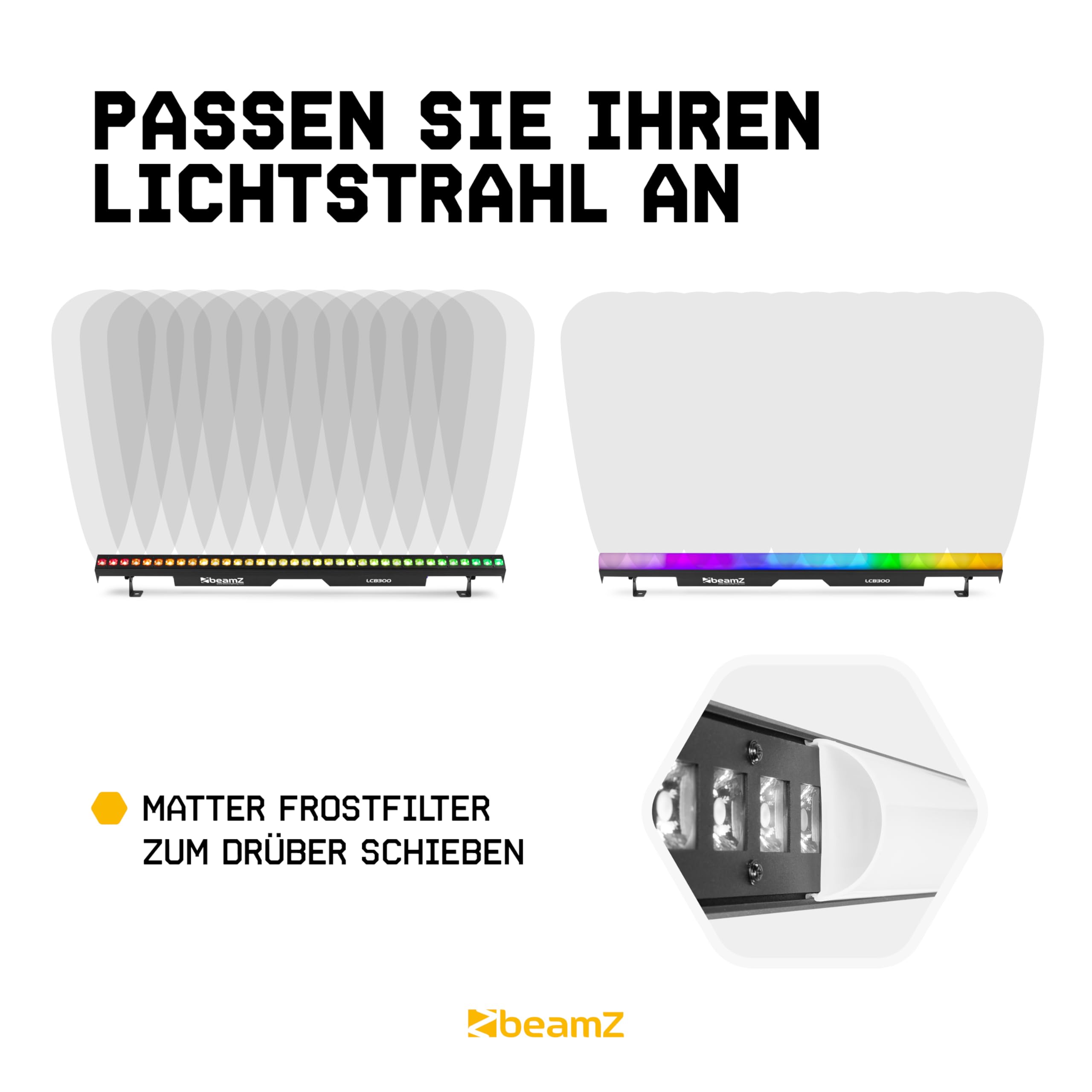 BeamZ LCB300 LED Bar DMX Lightbar RGBW Discolicht Partylicht mit 36 kraftvollen 4-in-1 RGBW LED’s je 3 Watt, Kettenfunktion (Max.6), Master/Slave, IP20, Powercon, 100 x 5,5 x 12cm, Auto Modi