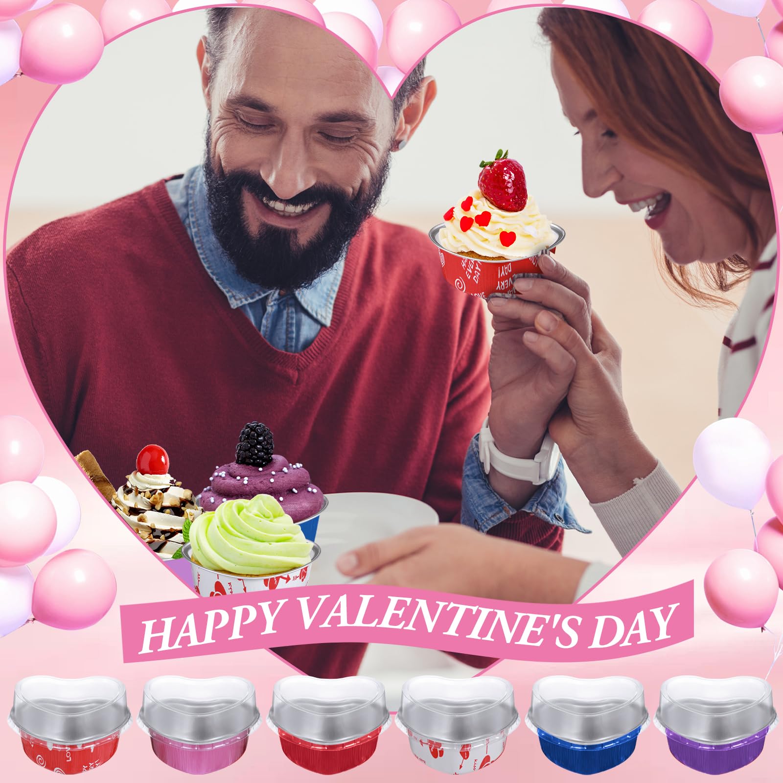 Ziliny 100 Sets Valentine's Day 3.4 oz Heart Shaped Cake Pans with Lids Aluminum Mini Disposable Cake Cupcake Cup Pan Baking Pans with Spoons Cupcake Topper for Valentine's Day Mother's Day Wedding