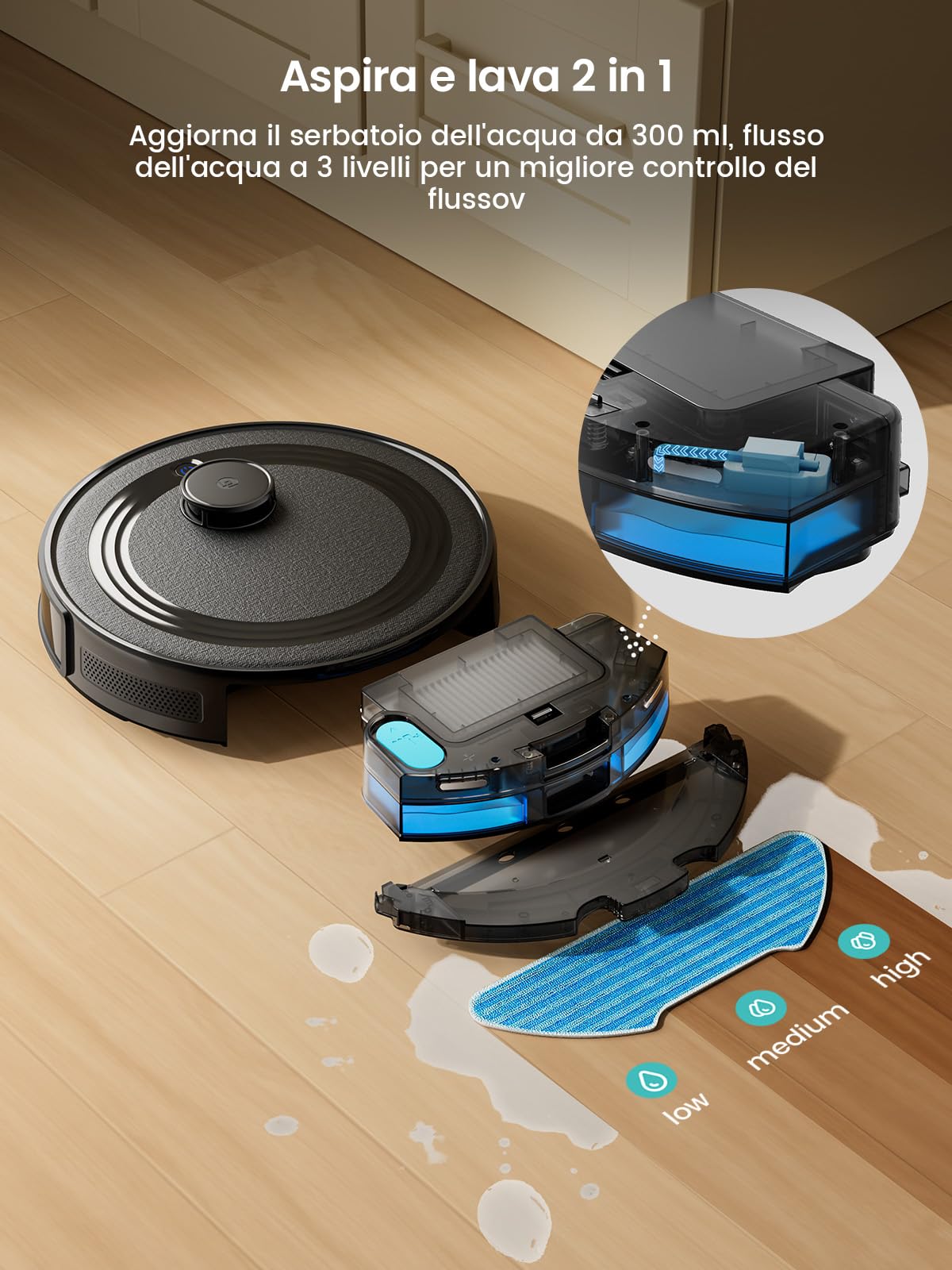 LEFANT M2 Robot Aspirapolvere Lavapavimenti con Mappatura Laser dToF 2 in 1, 6000Pa, Navigazione Intelligente PSD Anti-Ostacoli, 140 Min,Controllo APP/Alexa, Ideale per Peli Animali，Nero