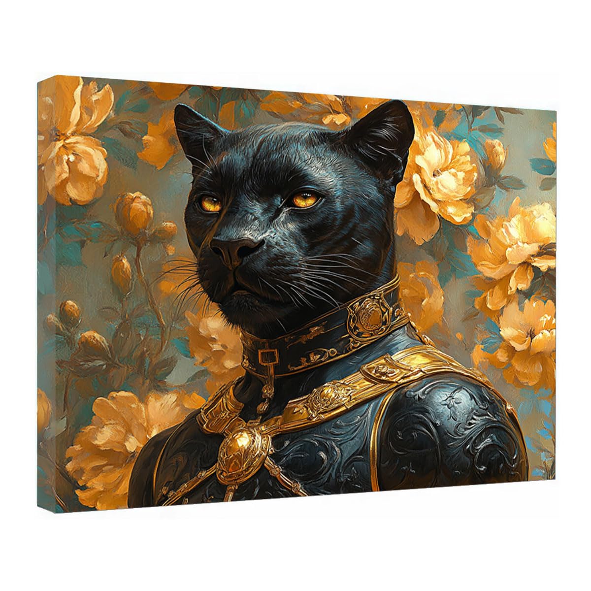 TZKRWRH Leopard Canvas Print Animals Preppy Poster Panther Golden Flowers Cheetah Modern Maximalist Boho Wall Art Panther Painting Vintage Canvas Office(Gold 89)-80x120cm Framed