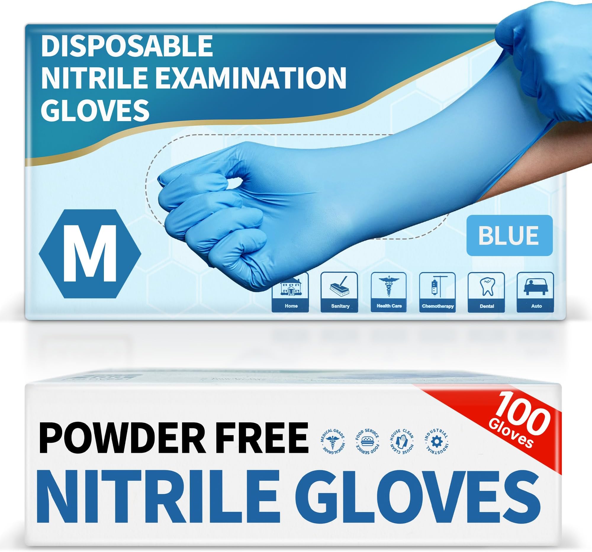 Medguy Medical Blue Nitrile Disposable Exam Gloves, 4.5 Mil 100 Pcs Powder-Free Latex-Free Food-Safe for Lab Cooking Cleaning