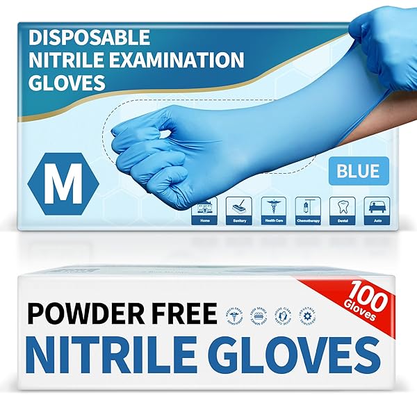 Medical Blue Nitrile Disposable Exam Gloves, 4.5 Mil 100 Pcs Powder-Free Latex-Free Food-Safe for Lab Cooking Cleaning