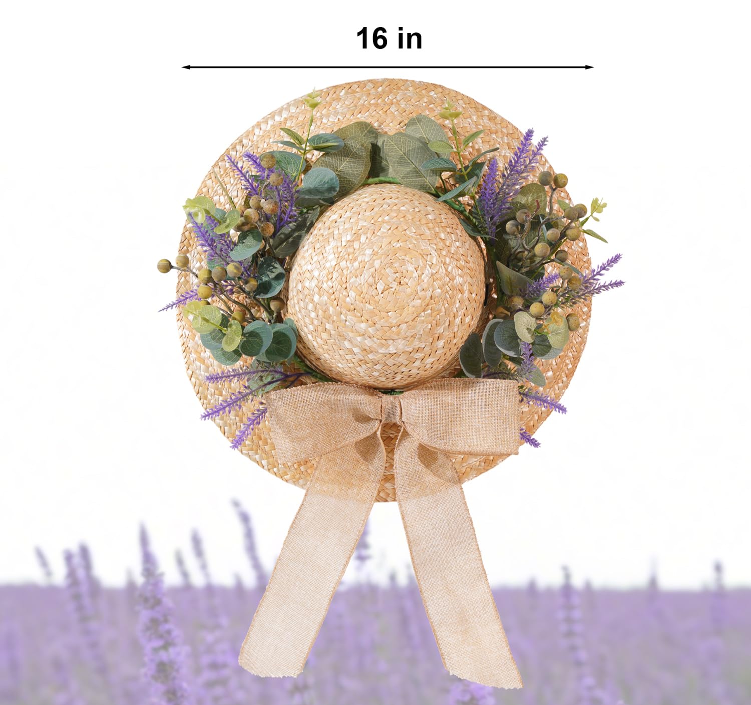 Dilicoming Frühlings-Eukalyptus-Kränze für Haustür, 40,6 cm, Sommer-Herbst-Strohhut-Kranz mit Schleife, Frauen-Geschenk, für Innen- und Außenbereich, Kränze für Wand, Fenster, Bauernhaus, Party