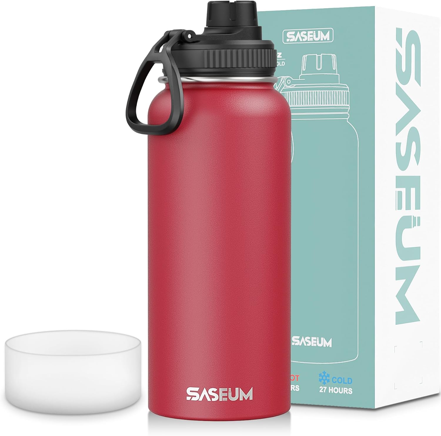 SASEUM Sport Water Bottle 32oz Stainless Steel Double Wall Vacuum Thermal Mug with Leak Proof Spout Lids, Wide Mouth Metal Insulated Water Jug for Gym and Travel(Red)