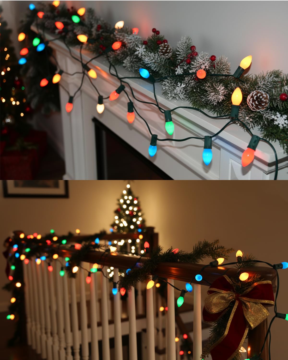 SUNSGNE Mehrfarbige Weihnachtslichterkette für den Außenbereich, C7 Vintage-Weihnachtslichterkette mit 27 mehrfarbigen Keramiklampen (2 Ersatz) für Feiertage, Weihnachten, Abschlussball, Party