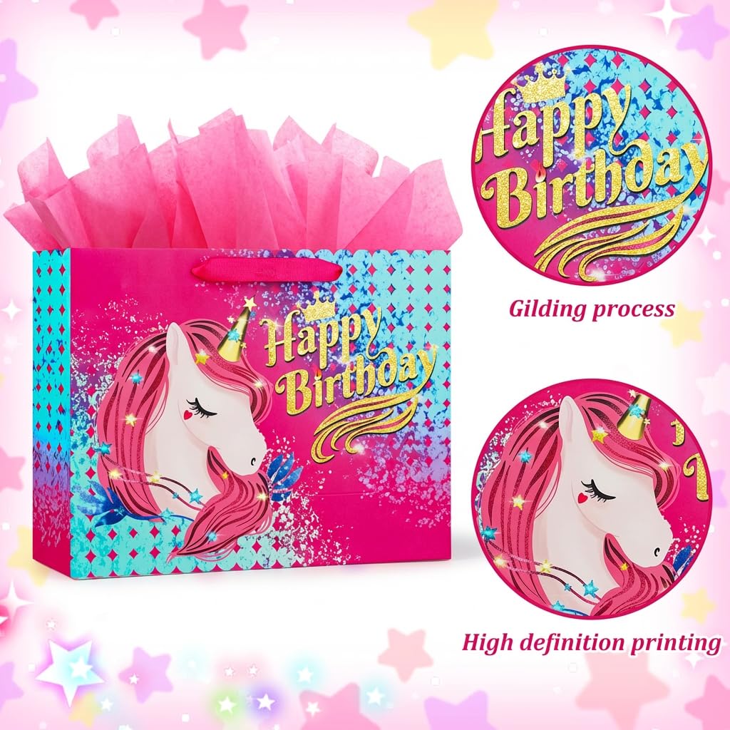 BeiLaad Unicorn Happy Birthday Gift Bag with Greeting Card and Tissue Paper, Birthday Gift Bags for Kids Girls Medium