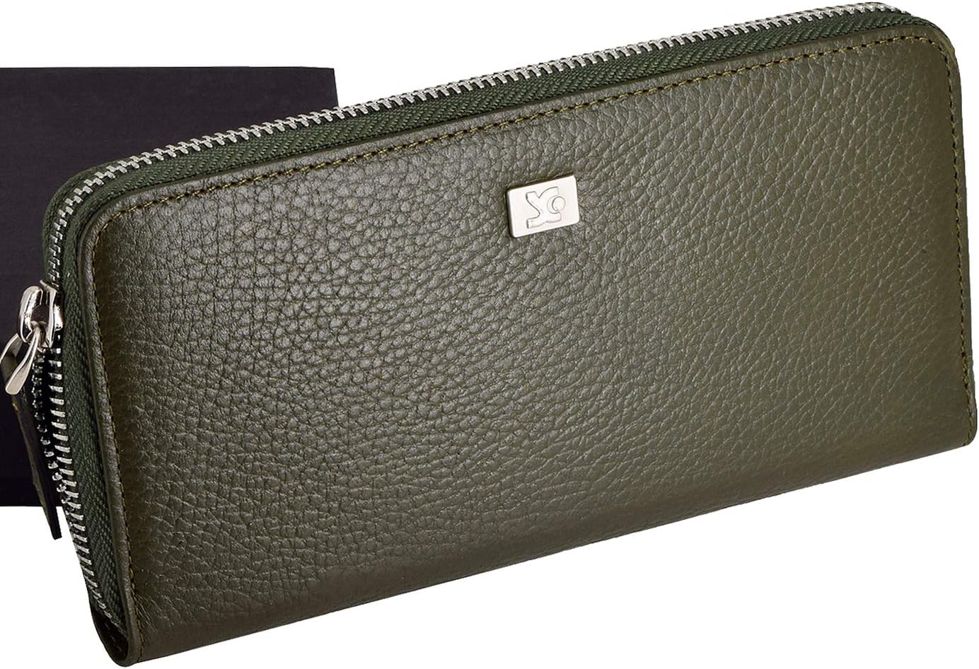 Suncase Women's Leather Wallet with Zip Wallet, Full grain khaki. (Green) - 161741427, Reißverschluss