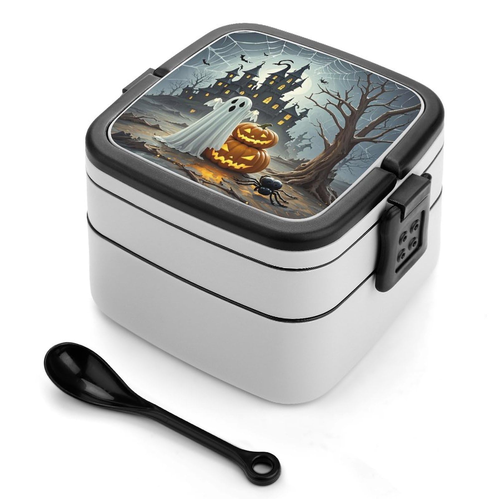 VstaDank Ghost Pumpkin Castle Bento Box with Compartments Portable Lunch Containers with Spoon Leak Proof Bento Lunch Box Snap-On Design Double-Layer Insulated Lunch Boxes for Work Camping