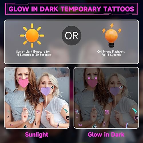 Miniatura 7 de JUNEBRUSHS Tatuajes temporales que brillan en la oscuridad, 20 hojas de calcomanías de tatuajes para fiestas temáticas brillantes con corona de