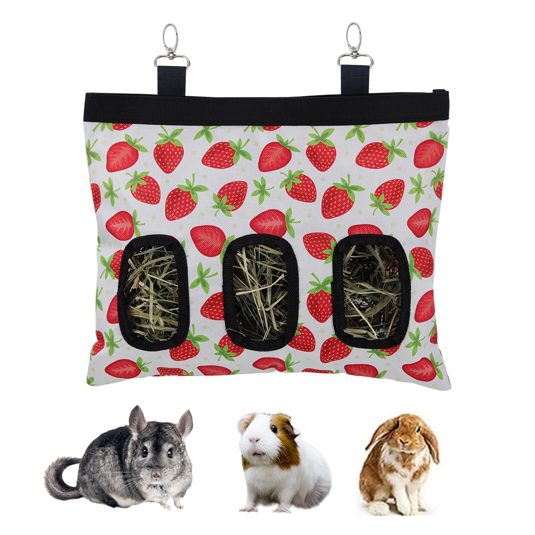 Guinea Pig Hay Feeder, Hay Feeder Rabbit, 1 Pack Rabbit Hay Feeder, DZWLKJ Hay Feeder Bag Hanging Feeder Sack with 2 Holes for Rabbit Guinea Pig Chinchilla Hamsters Small Pets.(Strawberry)