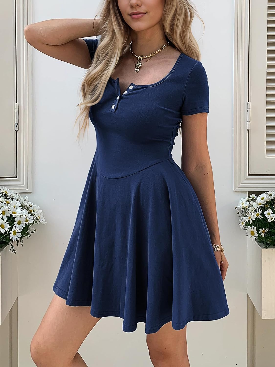 Women Summer Square Neck Mini Dresses Button Down Drop Waist T Shirt Dress Short Swing Sundress with Pockets - Image 2