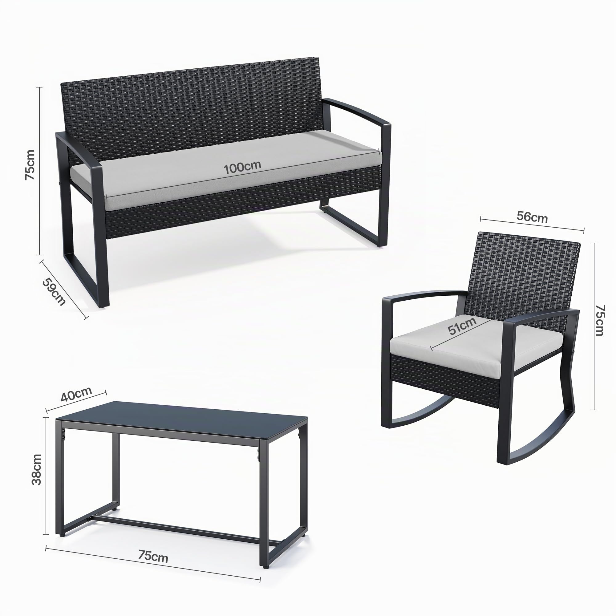 Xbro Rattan Gartenmöbel Set für 4 Personen, Balkonmöbel Lounge mit 2 Schaukelstühlen, Doppelsessel & Glastisch, inkl. Sitzkissen, wetterfest für Garten, Terrasse, Veranda & Pool, Grau