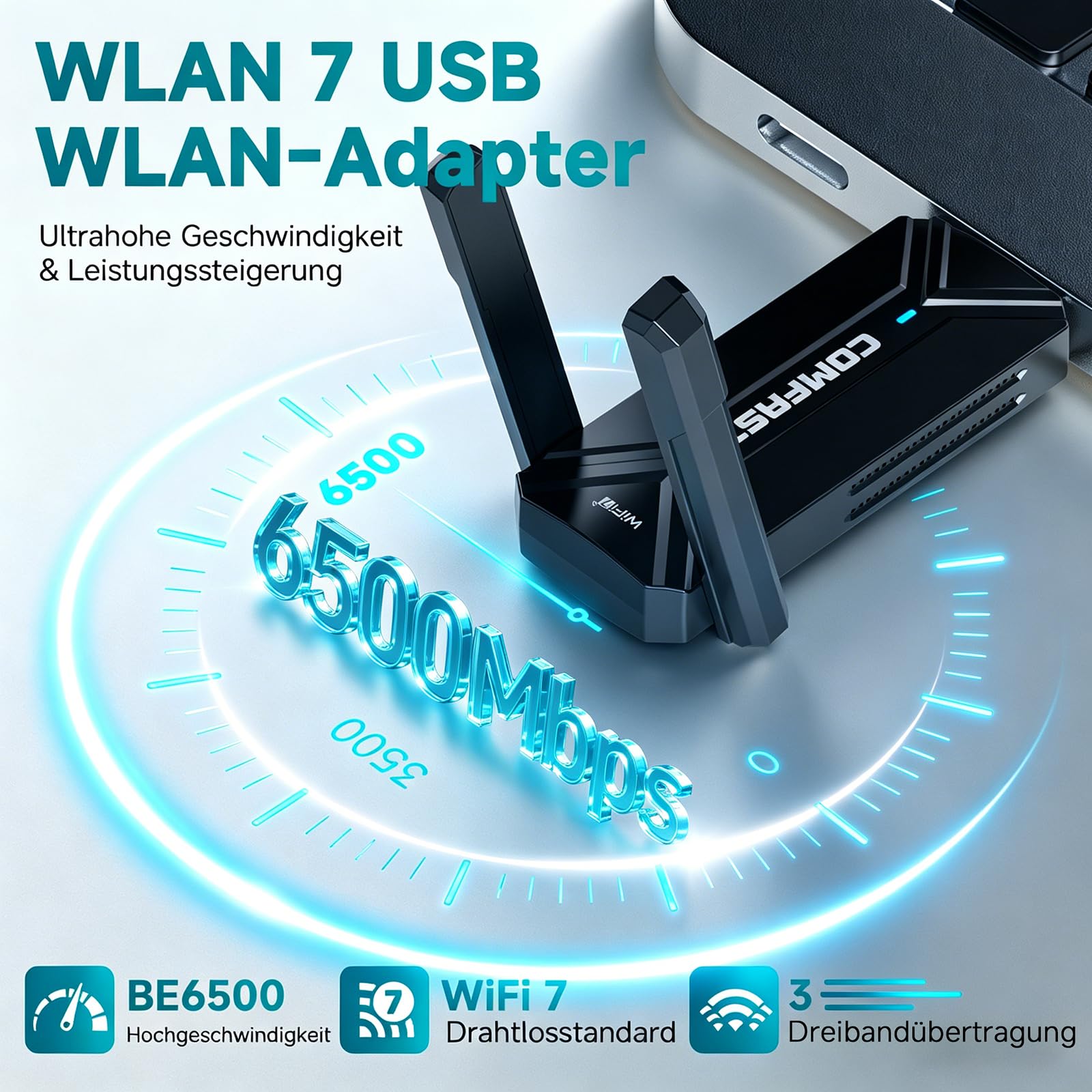 COMFAST WLAN Stick, USB 3.0 USB WLAN Adapter WiFi 7 6500 Mbit Dreifachband | mit Doppelantennen, OFDMA & MU-MIMO, WPA3, kompatibel mit Win10/11, treiberfrei sofort einsatzbereit für Desktop Laptop