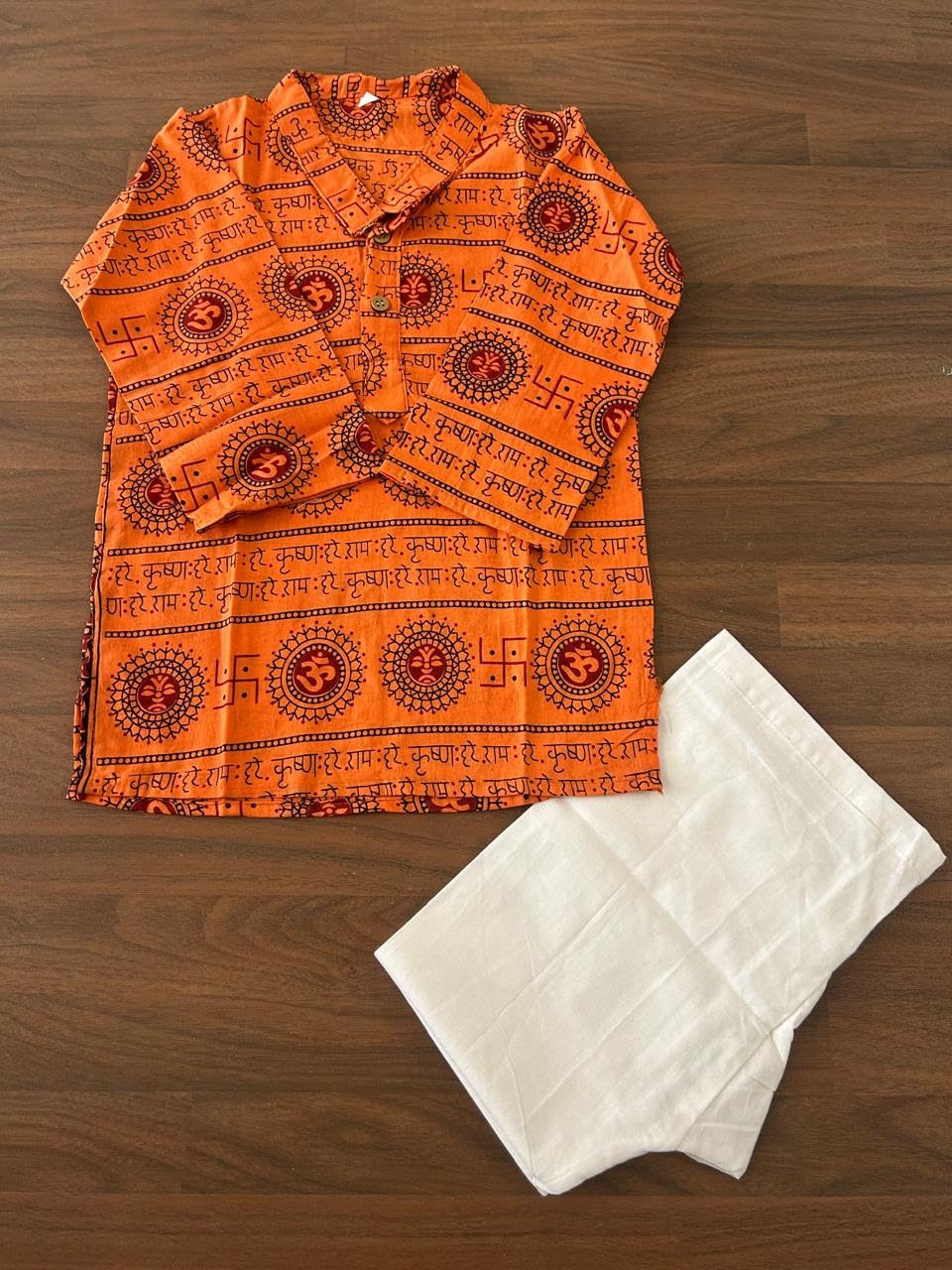 NiAK Boys Om Print Cotton Kurta Pyjama Set, Traditional Festival Ethnic Wear, Full Sleeve (Orange, 2-3 Years) 2