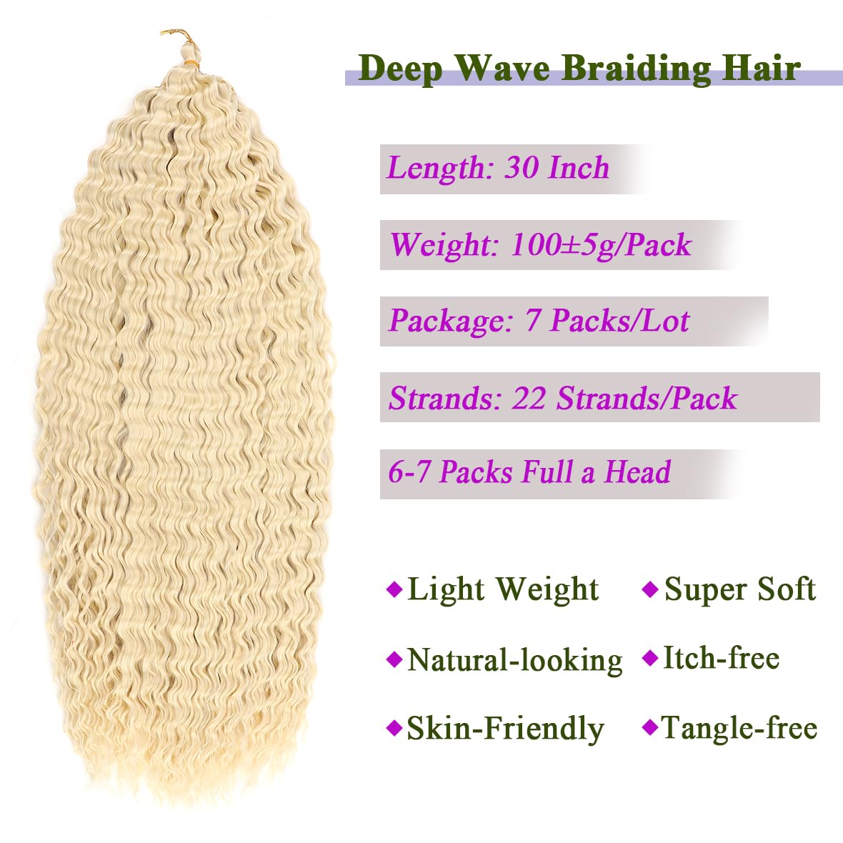 Kachanaa 7 Pack Blonde Pre-Separate Deep Wave Braiding Hair Extensions for Goddess River Braids 30 Inch Ocean Wave Crochet Hair Synthetic Crochet Braiding Hair for Boho Box Braids /613# - Image 4