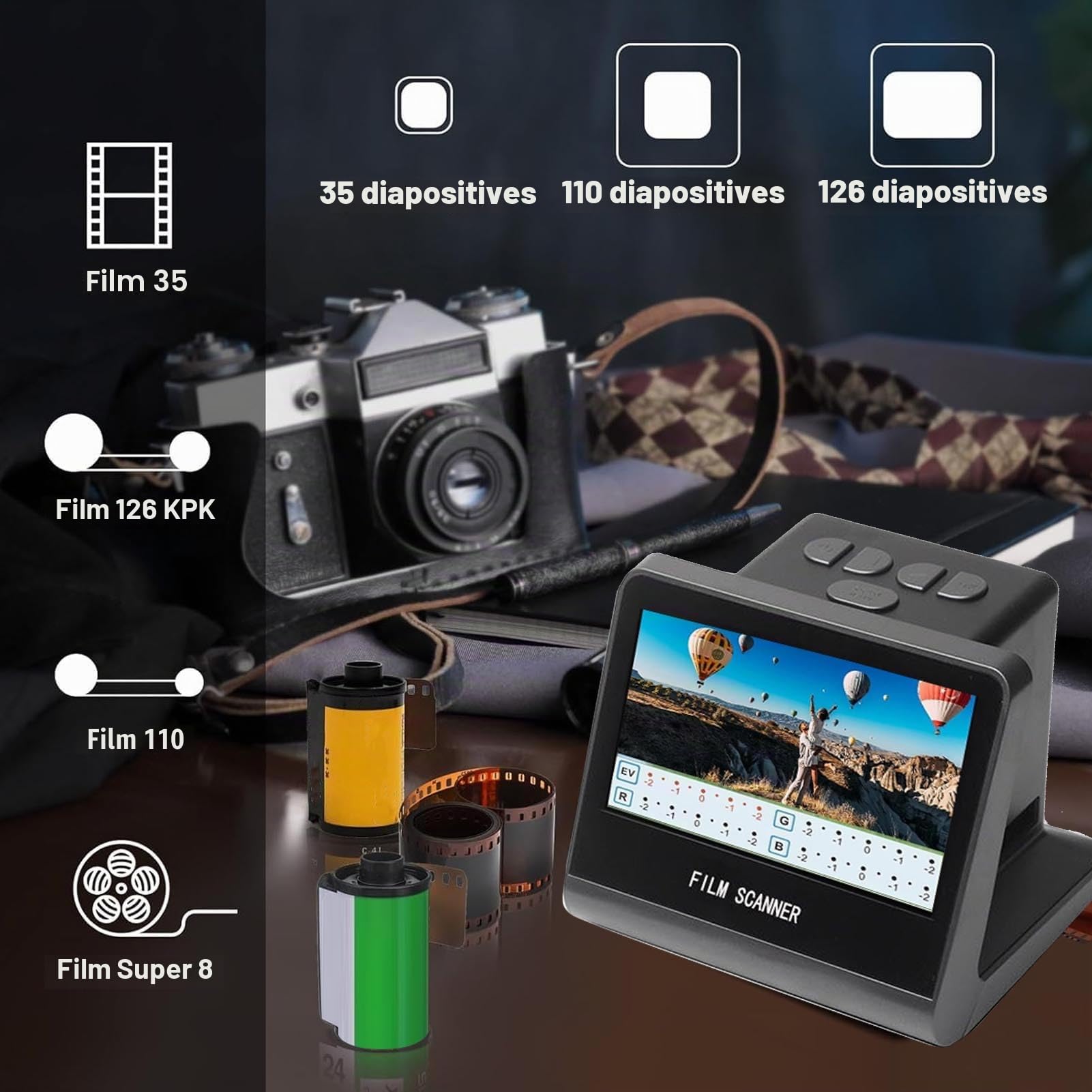 Numériseur de Scanner de Films et de Diapositives avec écran LCD de 5 ”, Scanners Négatifs pour Vieilles Images au Numérique 22 MP JPEG Fast, Compatible avec 35, 126, 110 Films