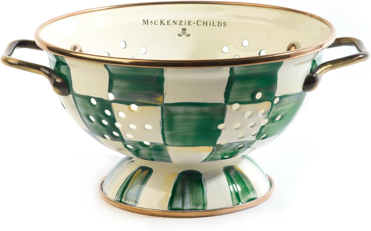 MACKENZIE-CHILDS Enamel Colander, Decorative Kitchen Strainer, Small, Green-and-White Emerald Check MACKENZIE-CHILDS Enamel Colander, Decorative Kitchen Strainer, Small, Green-and-White Emerald Check