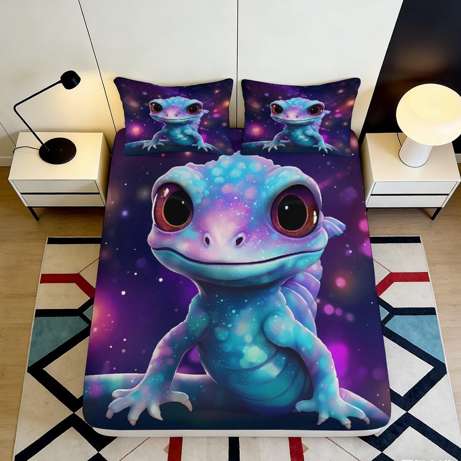 3D Printed Blue Fantasy Lizard Fitted Sheet Microfiber Non-slip Cute Galaxy Reptile Mattress Cover Bedroom Decor 140x200x25cm