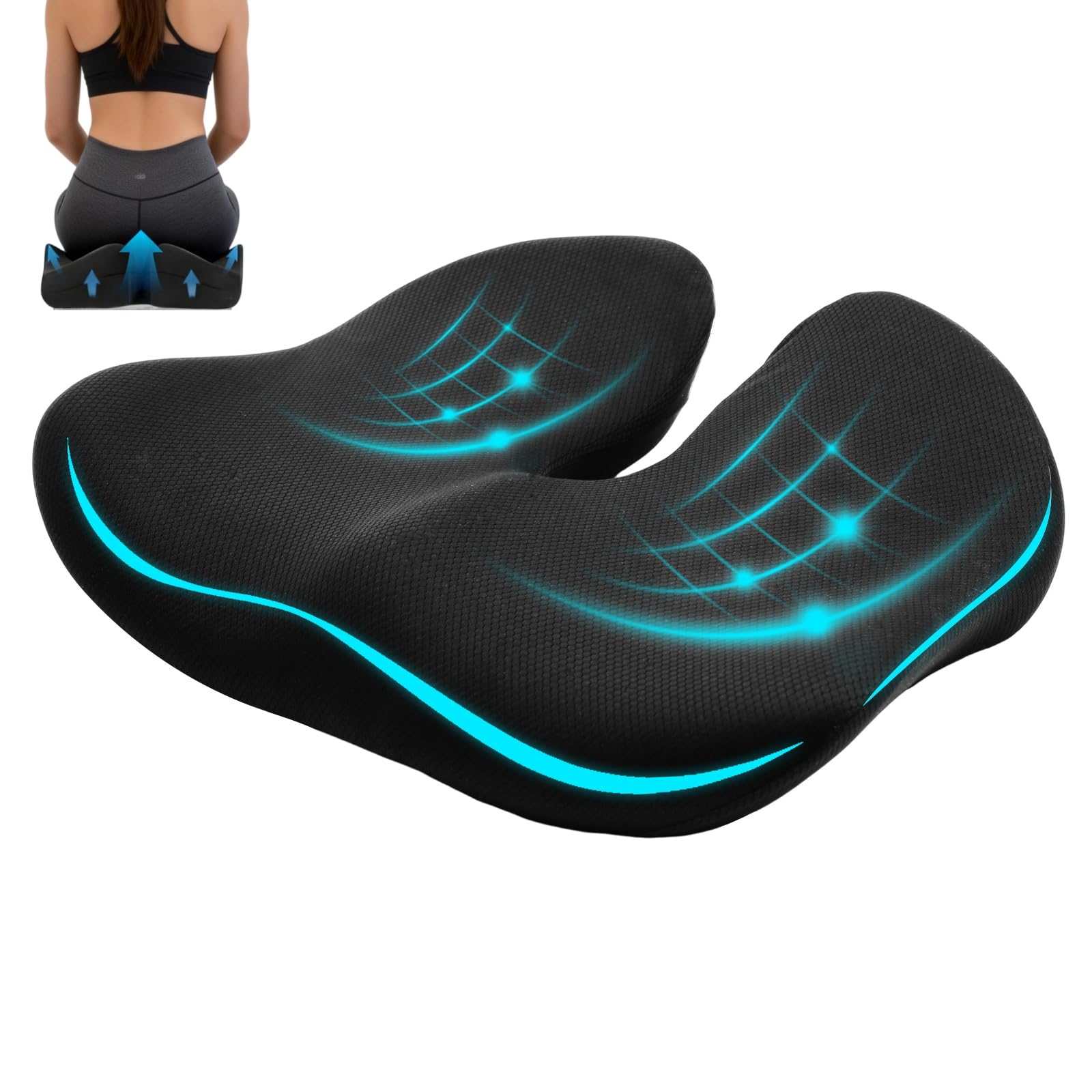 Cuscino per coccige in memory foam, per auto e ufficio, sollievo dalla pressione per sciatica e mal di schiena, con intaglio a forma di U, base antiscivolo per lunghi viaggi e seduti