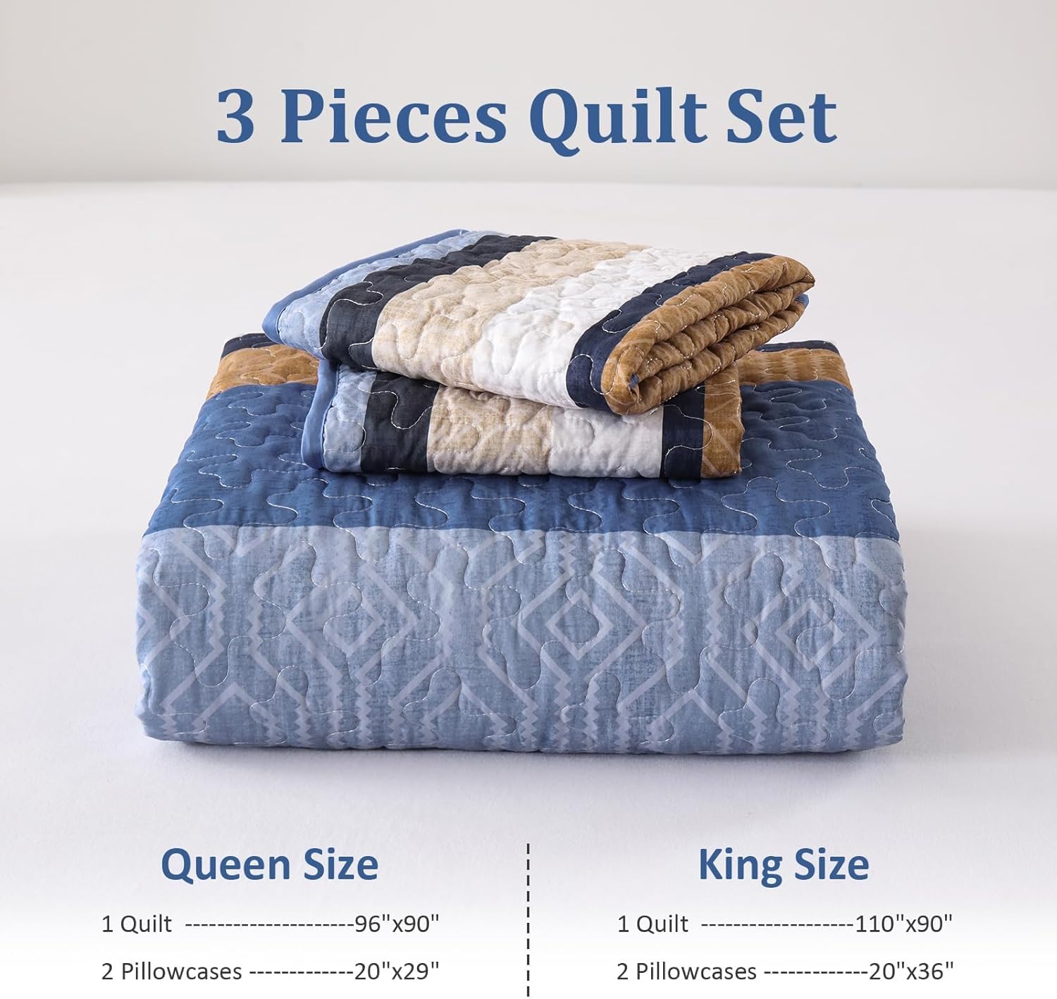 Dobuyly Blue Quilt King Size Set, Boho Bedspread King Size, Striped Bedding Sets 3 Pieces, Lightweight Soft Coverlet Bed Sets with 2 Pillow Shams 110"x90" - Image 7