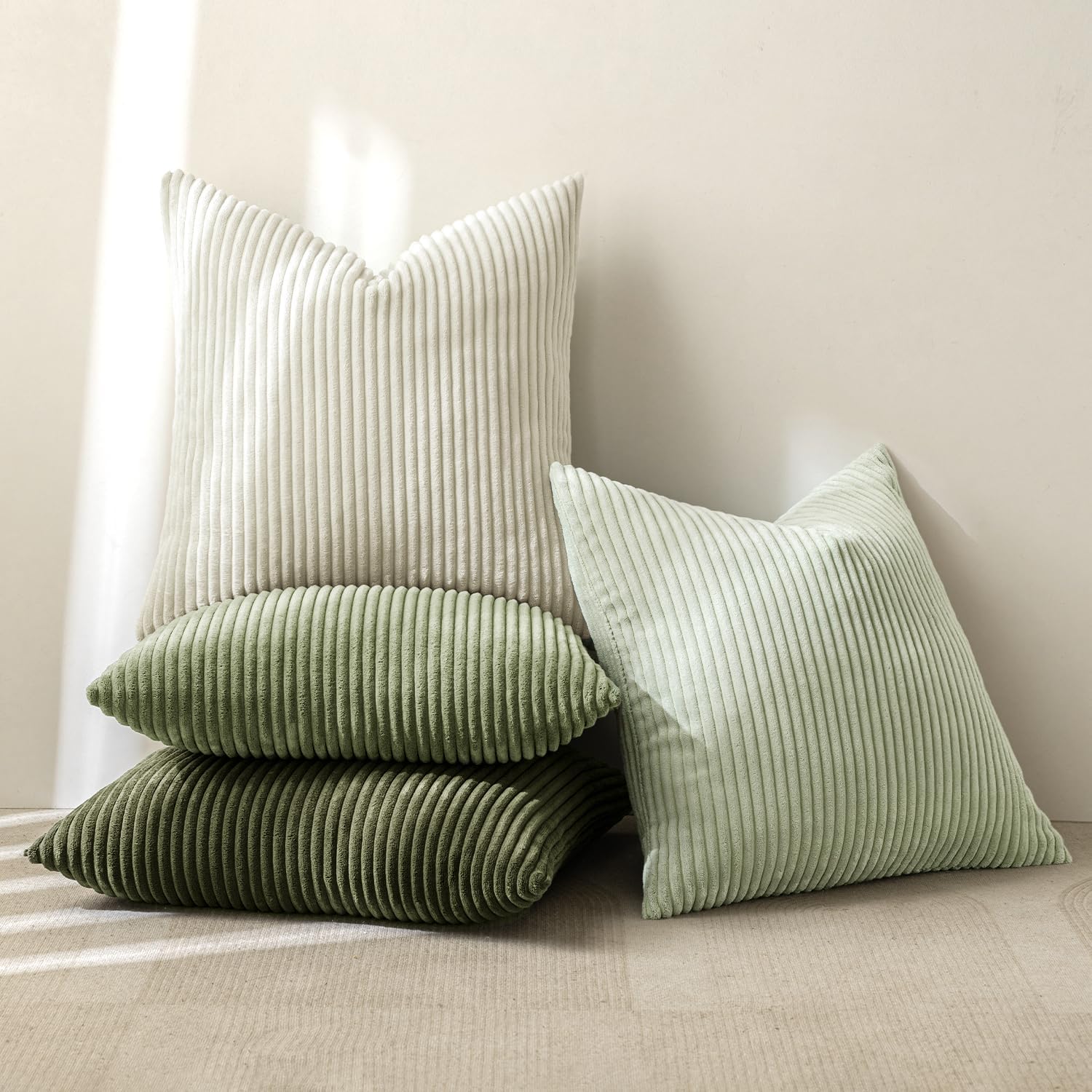 MIULEE Pack of 4 Feather and Down Pillow Inserts Bundle Pack of 4 Corduroy Earthy Modern Pillow Covers Light Green