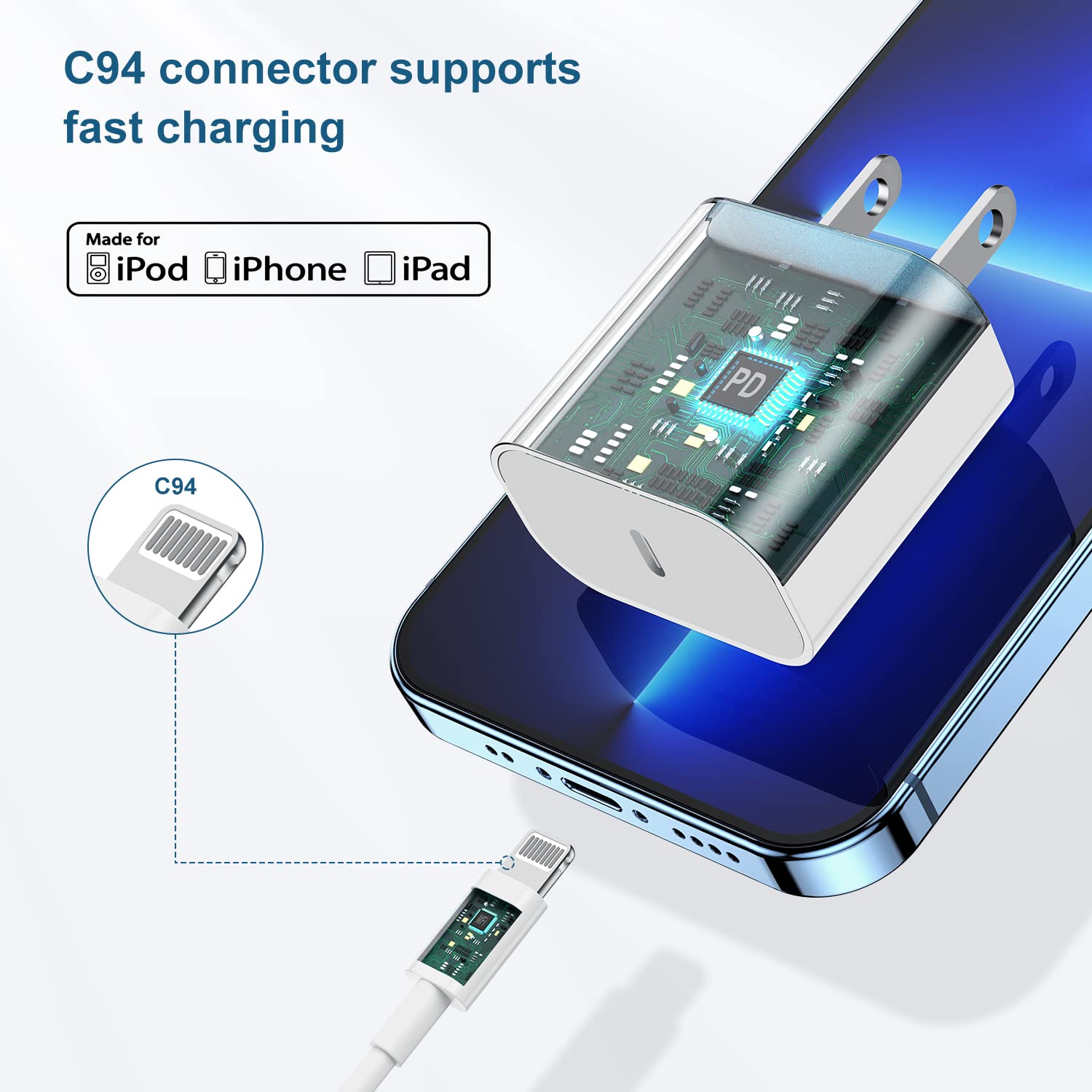 (4Pack) iPhone 14 13 12 11 Fast Charger,20W USB C Wall Charger Adapter with 4 Pack 3FT Type C to Lightning Cable for iPhone 14/13 Pro/13/12/12 Mini/12 Pro Max/11 Pro Max - 5
