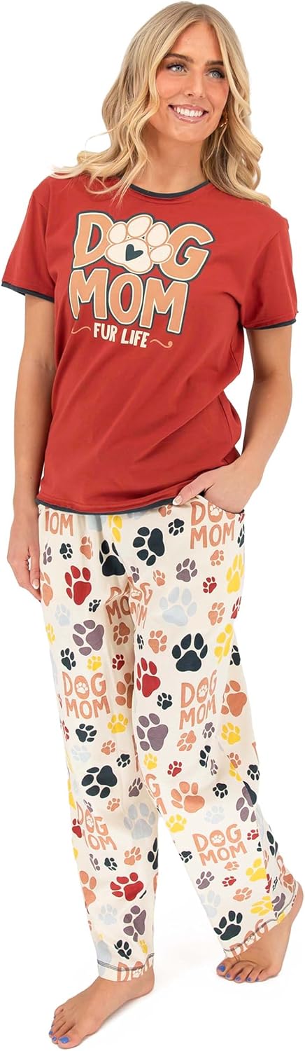 Lazy One Novelty Pajamas Two Piece Set For Women Funny Dog & Cat Sleepwear with Short Sleeve Top & Lounge Pants with Pockets