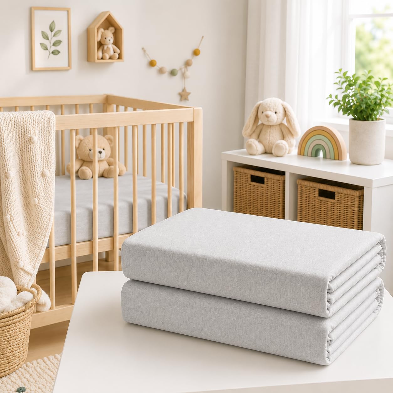 BABYMAM 2 Pack 100% Cotton Jersey Fitted Sheets 140x70cm Cot Bed (Light Grey)