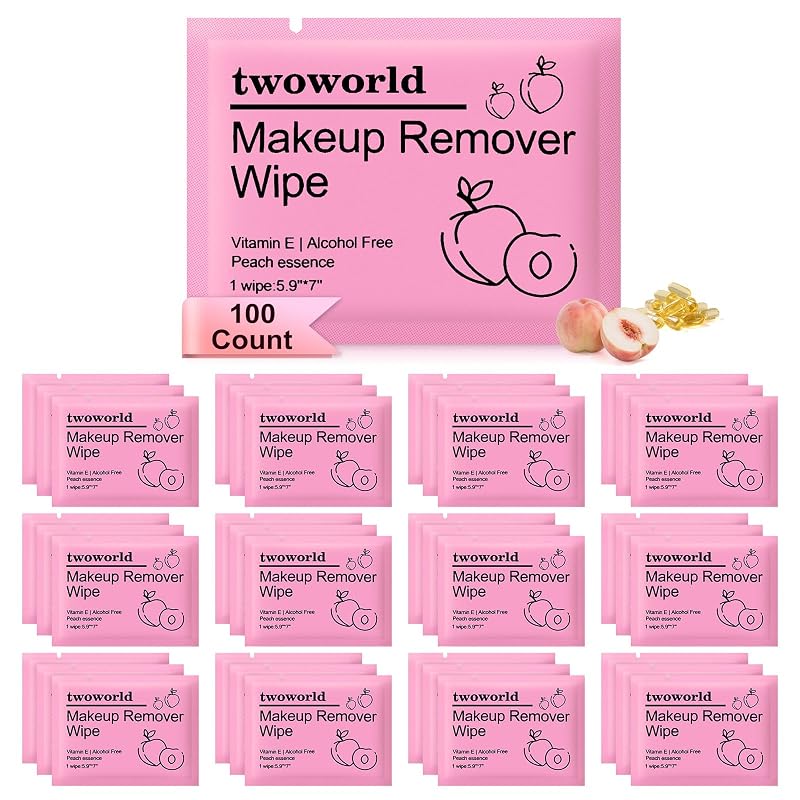 twoworld Lenços Removedores de Maquiagem com Aroma de Pêssego e Mel, Embalagem Individual, Pacote com 100