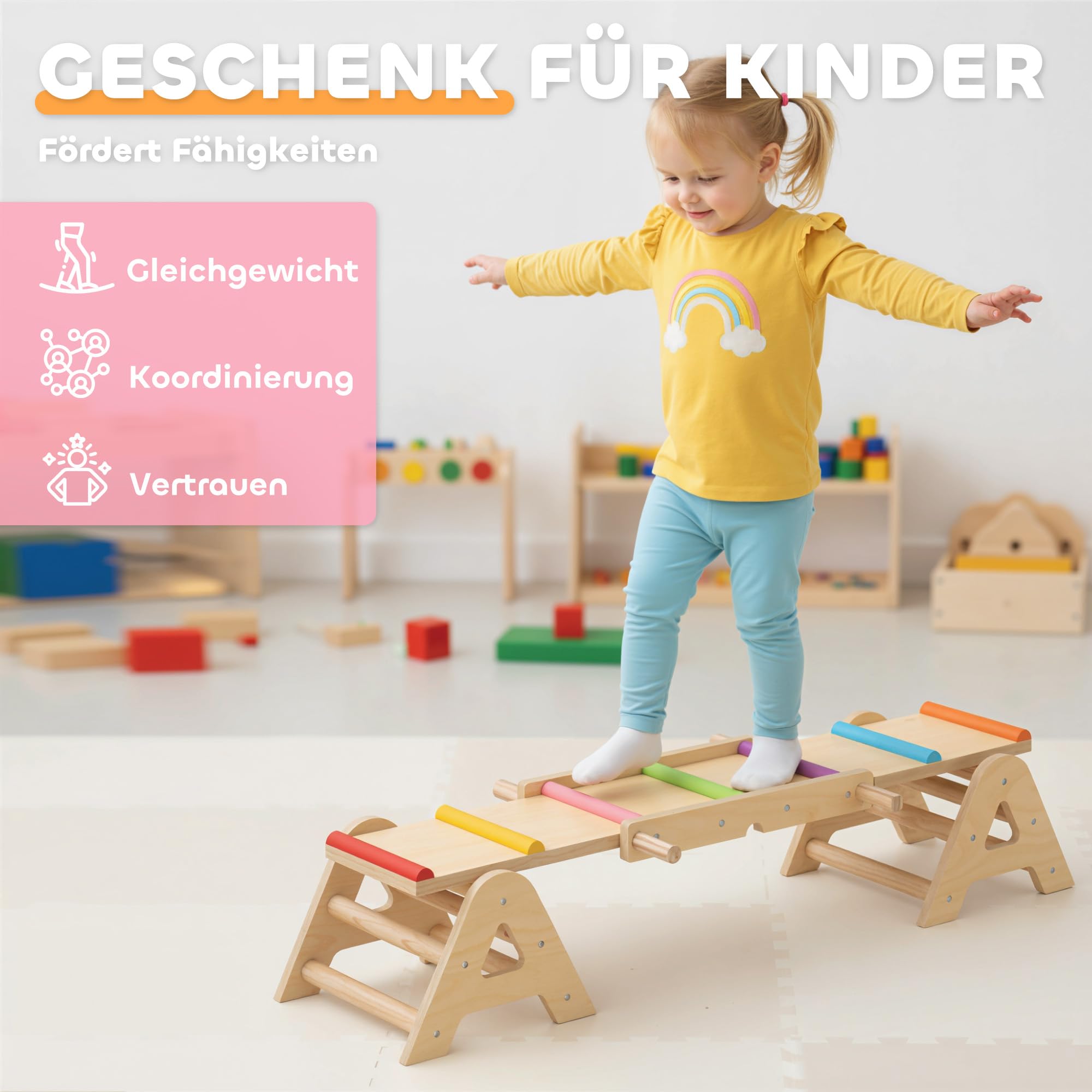 AIYAPLAY Balance Wippe Kinder, Schwebebalken aus Holz, Equilibrium Spielgeräte 133 x 38 x 24 cm