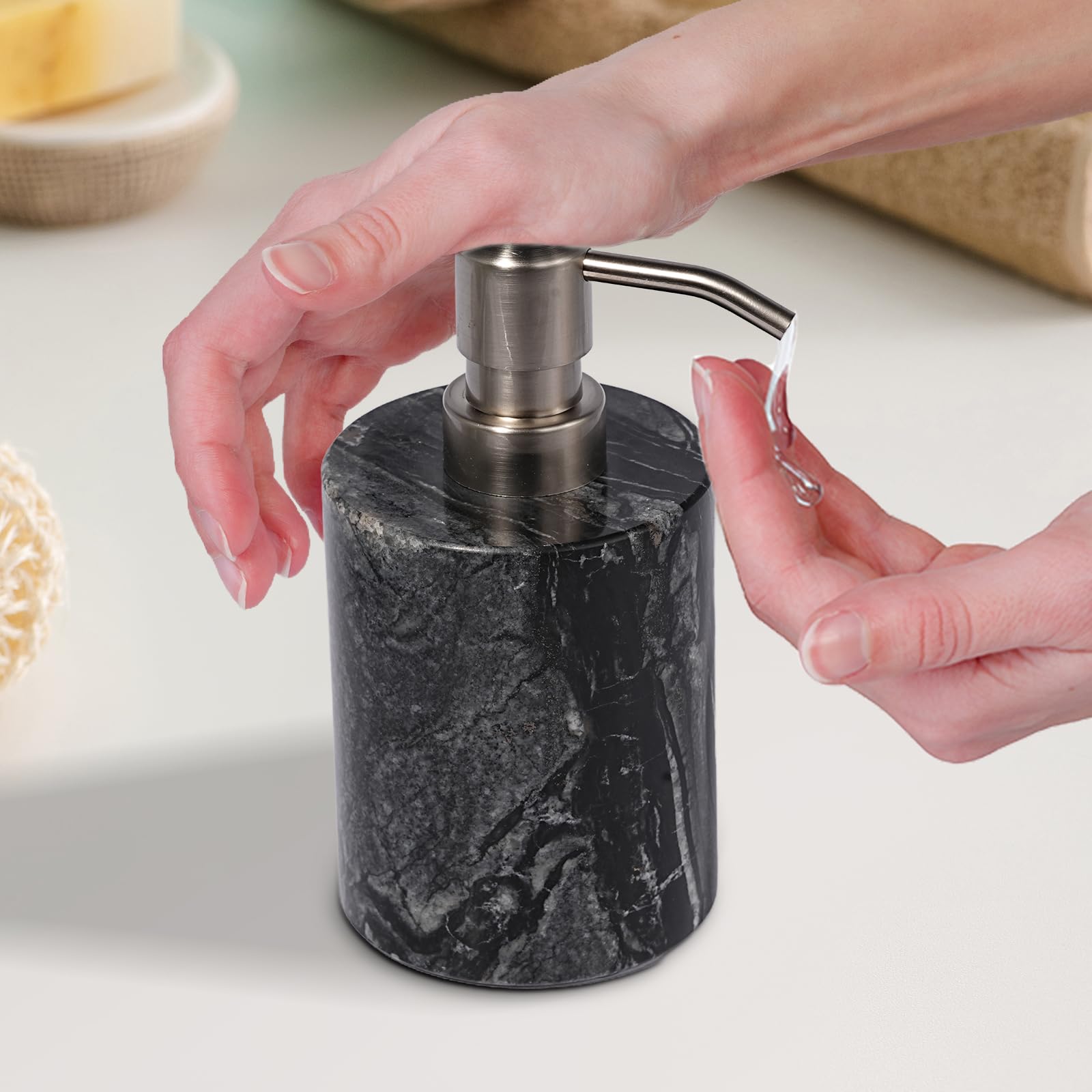 Dispenser di sapone in marmo nero con pompa in acciaio inossidabile per piano di lavoro della cucina del bagno - Dispenser per lozione e liquido